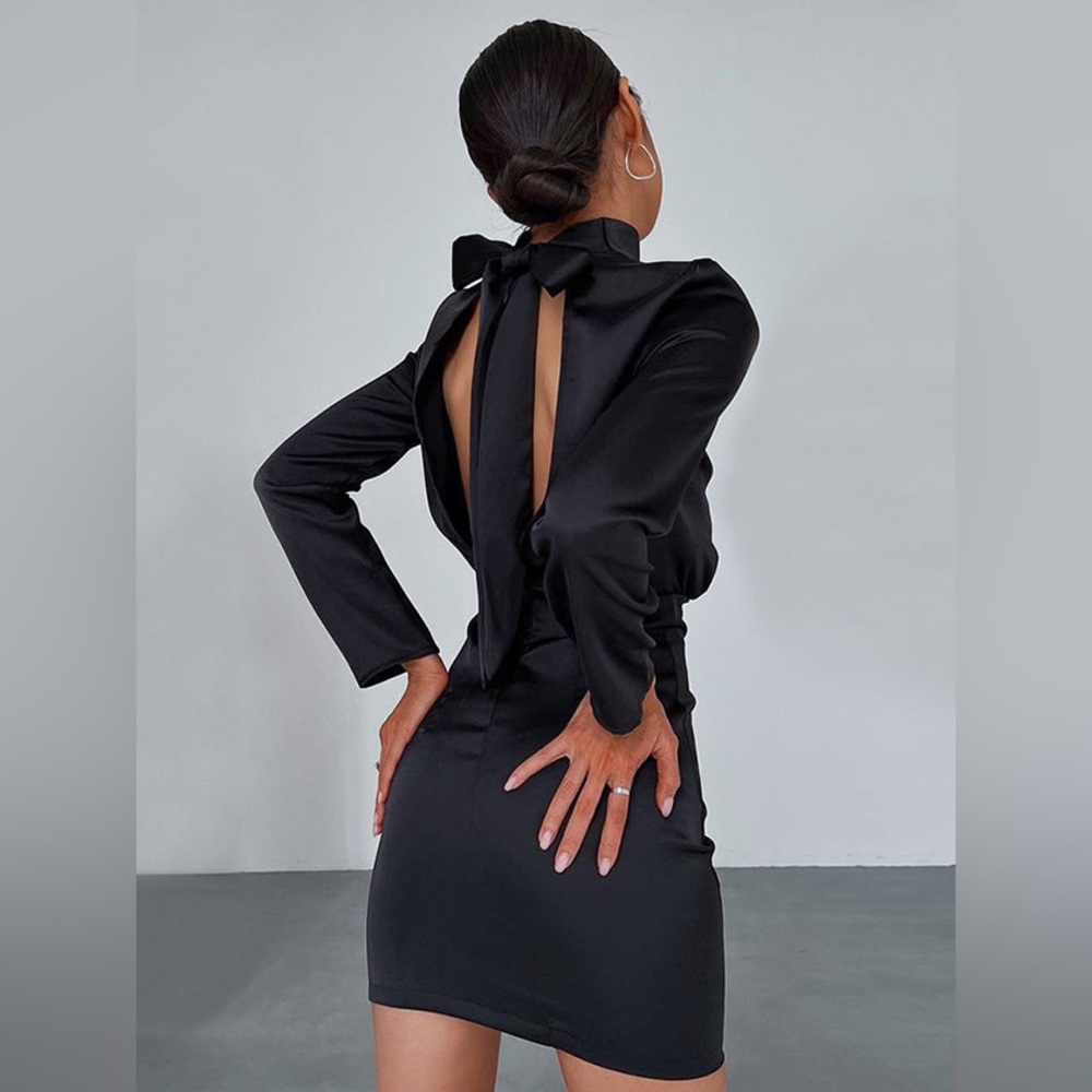SOLD NWT Commense Black Satin Mock Neck Tie Back Short Dress Size L